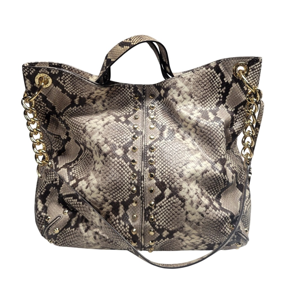 Michael Kors Snake Embossed Leather Shoulder Bag Gray Black Gold Studded MK Logo